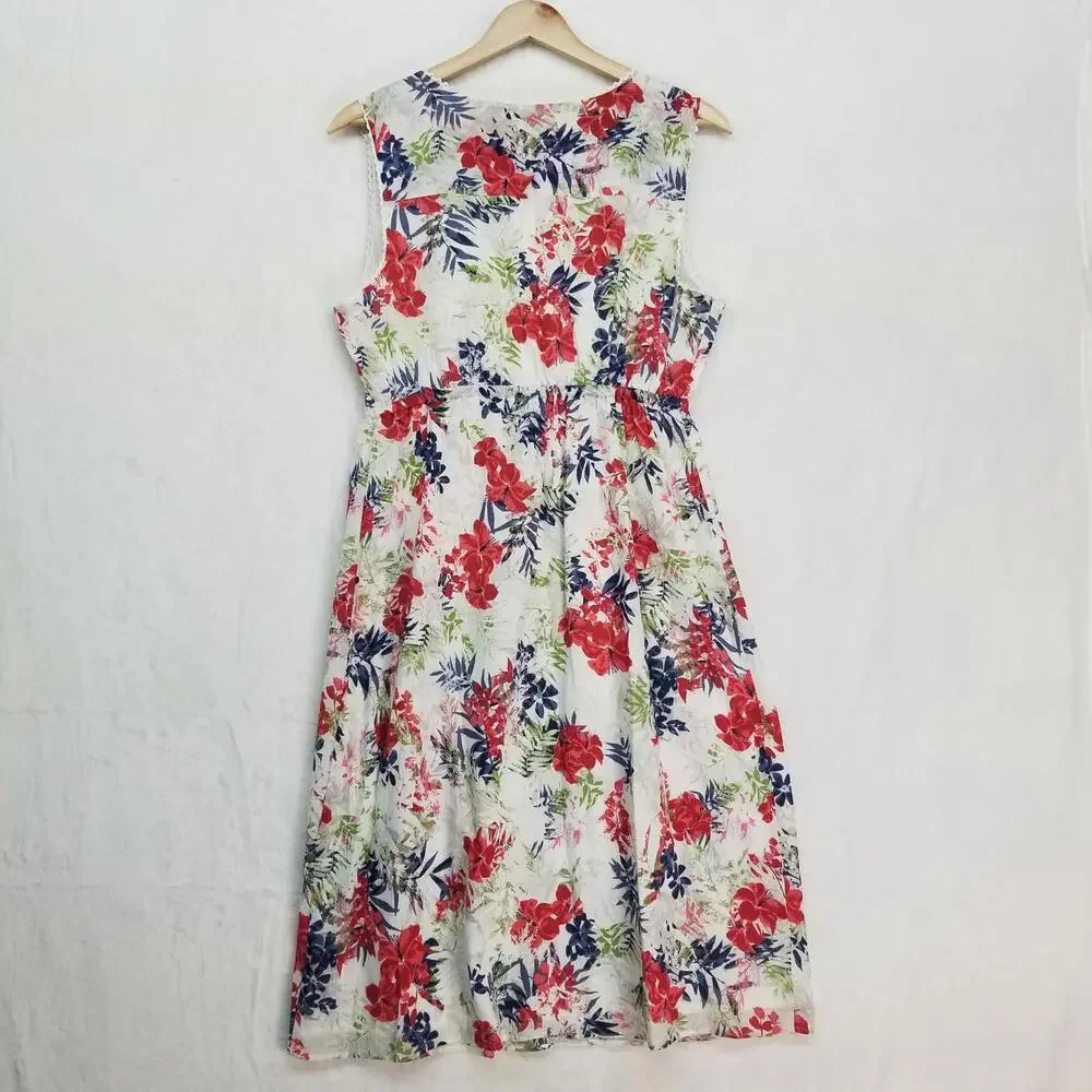 Eddie Bauer Sleeveless Dress Womens 8‎ White Red Blue Green Floral 100% Cotton - Picture 2 of 13